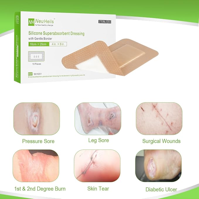 NeuHeils Silicone Super Absorbent Wound Dressing, 4x8 Inch, 2x6 Inch Absorbent - Image 6