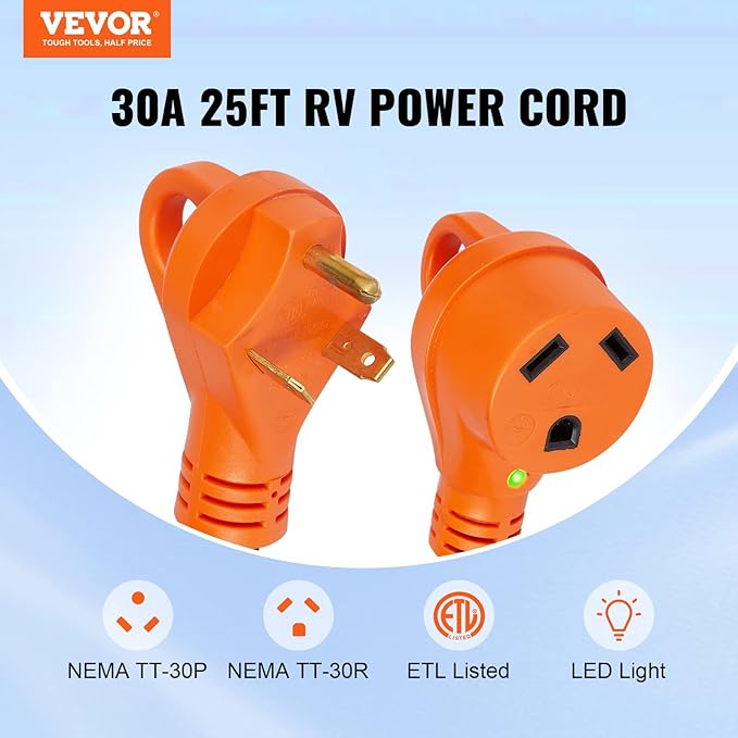 VEVOR 30 Amp RV Extension Cord, 25 ft, Heavy Duty STW 10/3 AWG RV Power Cord - Image 3