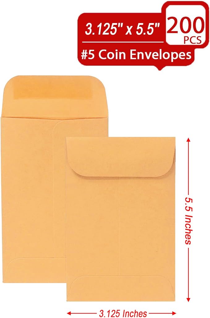 200PCS #5 Coin Envelopes 3.125x5.5 inches Brown Kraft Envelopes Classic Small - Image 3
