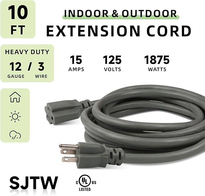 EP 10 Ft Outdoor Extension Cord, 12/3 SJTW Heavy Duty Extension Cable - Image 2