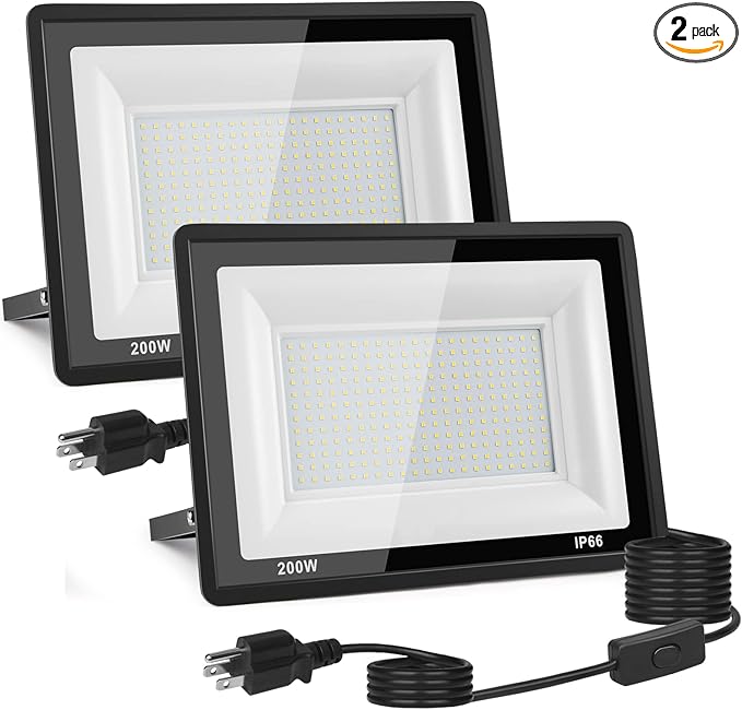 2-Pack 200W LED Flood Light Outdoor, 20000LM Bright Plug-in Flood Lights by ZAROVS