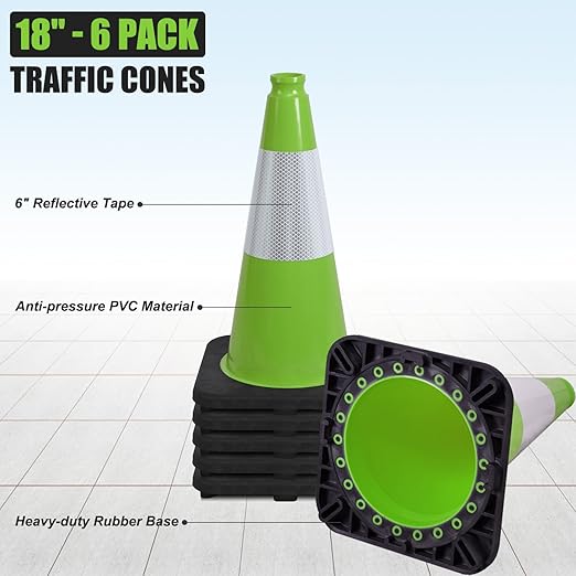 6 Pack 18" Inch Green PVC Traffic Cones - Image 2