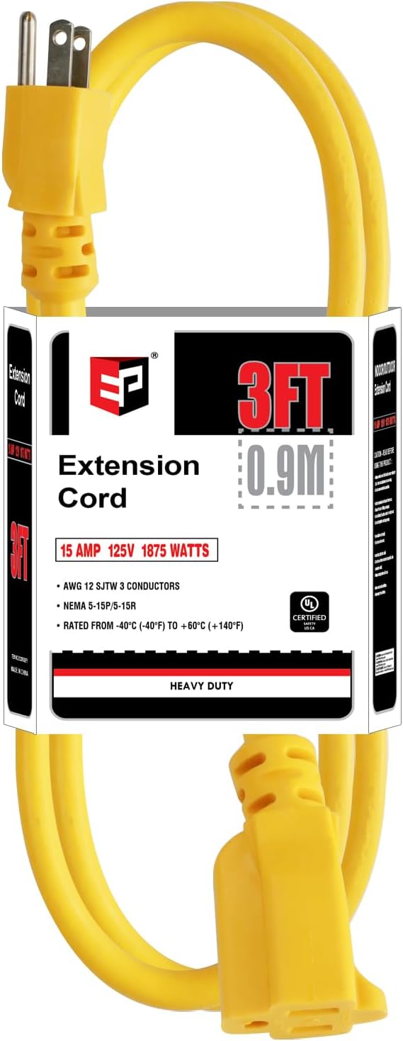 EP 3 Ft Outdoor Extension Cord, 12/3 SJTW Heavy Duty Extension Cable by ENERGYPRO