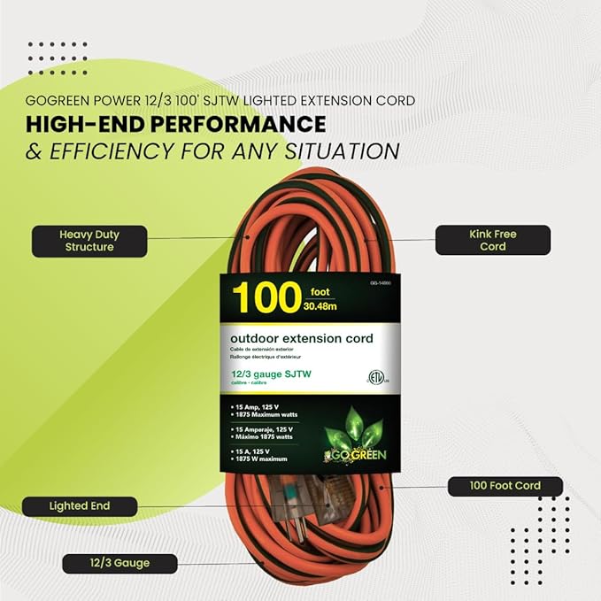 Go Green Power Inc. 12/3 SJTW Outdoor Extension Cord, Lighted End, 100 ft - Image 5