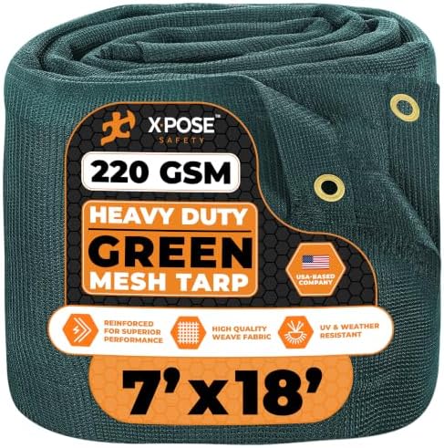 Xpose Safety Heavy Duty Green Mesh Tarp 7' x 18' – 70% Sunblock Shade Cloth with Grommets for Garden, Fence, Privacy Screen, Canopies, Dump Trucks, Pool Cover – Tear & Weather Resistant by XposeSafety