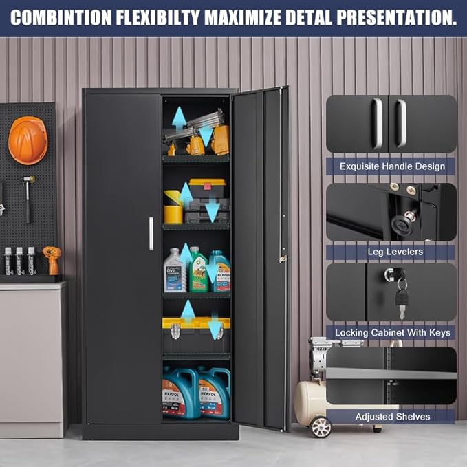 Garage Storage Cabinet with 2 Lockable Doors, Adjustable Shelves Metal Storage - Image 5