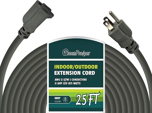 12 Gauge Indoor Outdoor Heavy Duty Grey Extension Cord 25 FT, 12 AWG SJTW by GreenProsper
