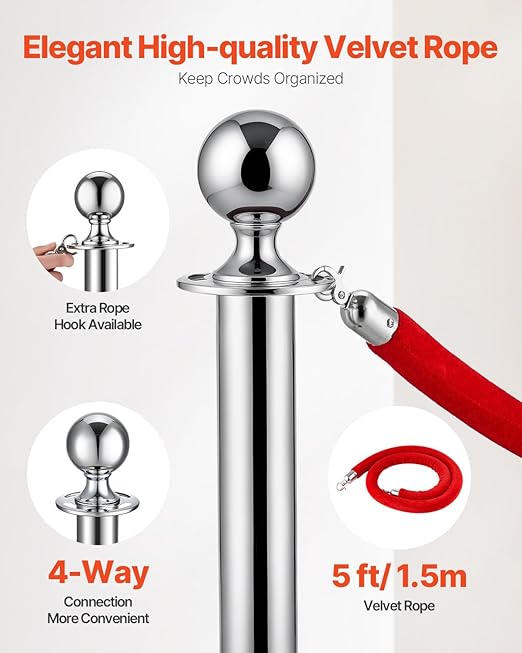VEVOR Stanchions and Velvet Ropes 6Pcs, Hollow Base - Image 6