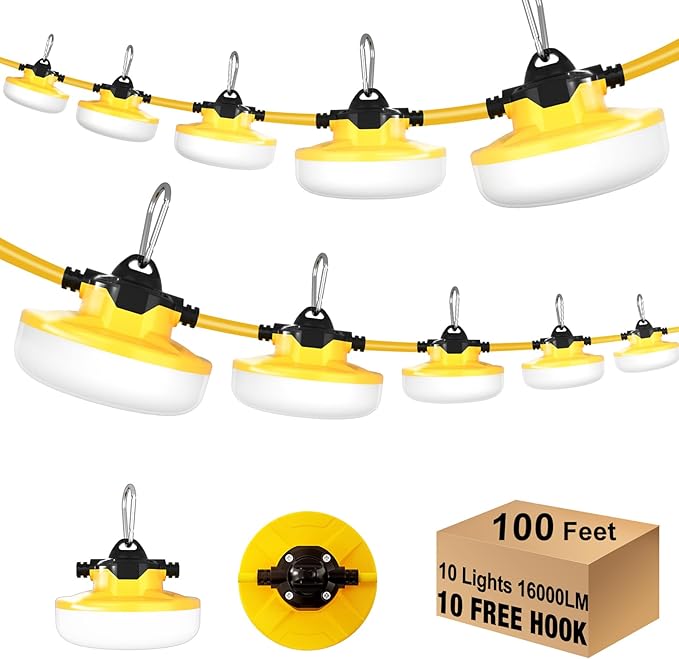 LED Construction String Light 100FT, 130W 16000Lm Industrial LED String Work by JC-LGL