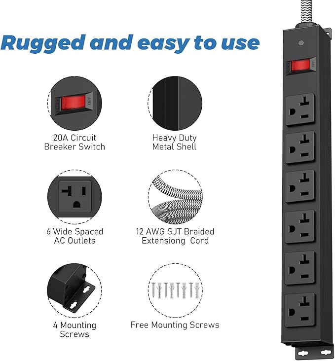 Heavy Duty Power Strip 20 amp Surge Protector, Wall mountable Power Strip - Image 2