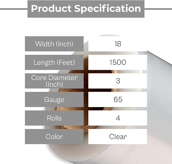 PSBM Stretch Wrap, 4 Pack, 18 Inch x 1500 Feet, 65 Gauge, Cast Hand Stretch - Image 3