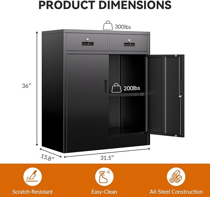BESFUR Locking Cabinet with 2 Drawers and Lockable Doors - Image 3