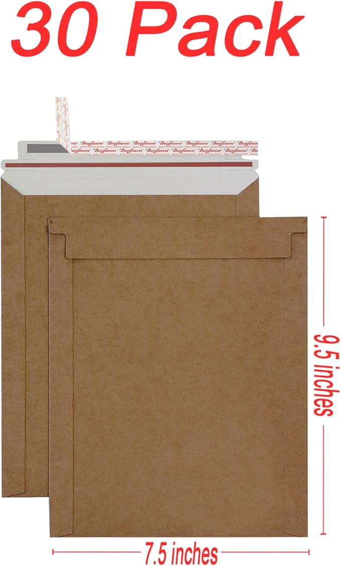 Rigid Mailers 30 Pack 7.5 x 9.5 inches Brown Self Seal Stay Flat Bulk Cardboard - Image 2