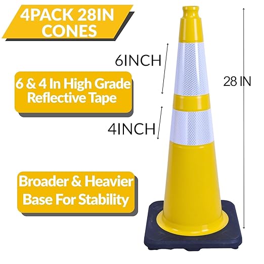 BESEA 4PACK 28” inch Traffic Safety Cones Yellow Road Parking Cones Heavy Duty - Image 2