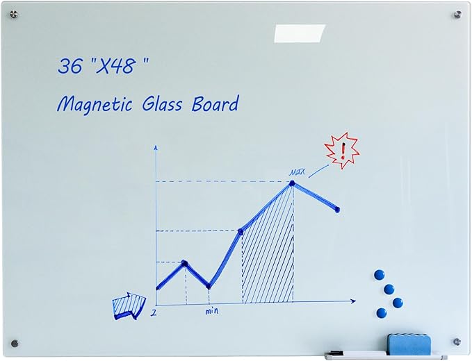 Magnetic Glass Whiteboard with Eraser 48" x 36" Frameless Tempered Glass Dry by JYYPWB