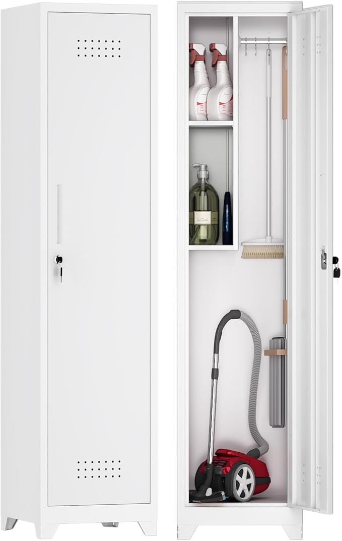 GREATMEET Broom Closet Storage Cabinet, Metal Utility Cabinet, Tall Laundry by GREATMEET