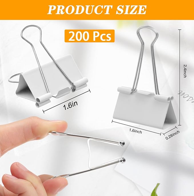 Jetec 200 Pcs 1.6in/41mm Metal White Binder Clips Bulk Medium Reusable Fold - Image 2