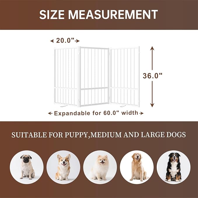 3 Panels Full Metal Freestanding Dog Gates, 60” W x 36” H Folding Pet Gate Fence - Image 2
