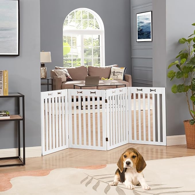 unipaws 29.5'H Free Standing Tall Wooden White Dog Cat Gate, Foldable Pet Fence - Image 2