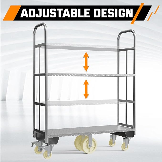 Two Tier U-Boat Platform Truck Cart, 16 x 48Inch Narrow Aisle Flatbed Truck - Image 4