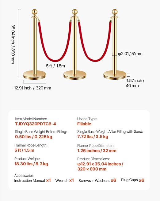 VEVOR Stanchions and Velvet Ropes 6Pcs, Hollow Base - Image 7