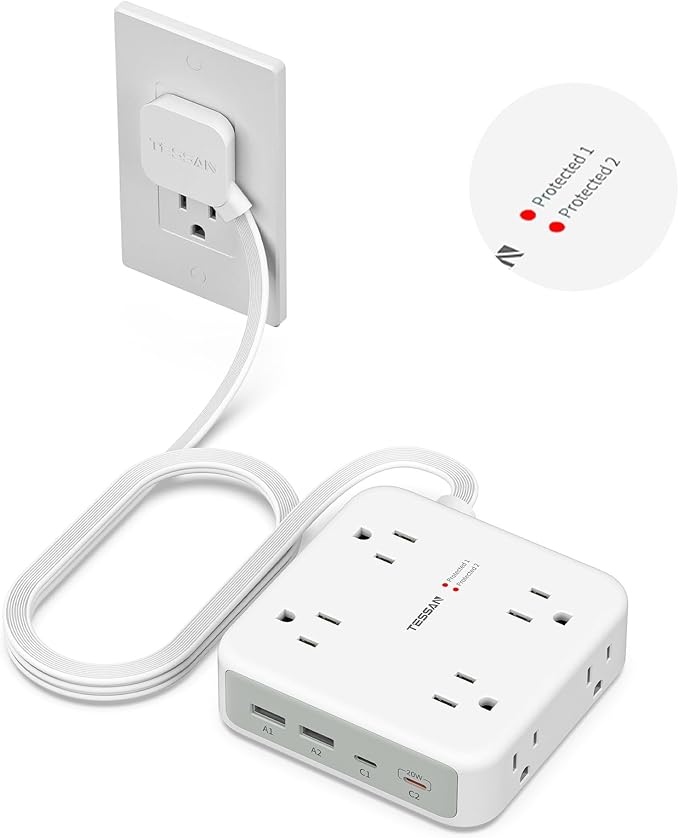 TESSAN Surge Protector Power Strip, 5 Ft Extension Cord Flat Wall Plug by TESSAN