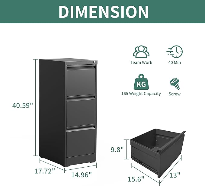 3 Drawer File Cabinet with Lock, Metal Vertical Filing Cabinets - Image 3