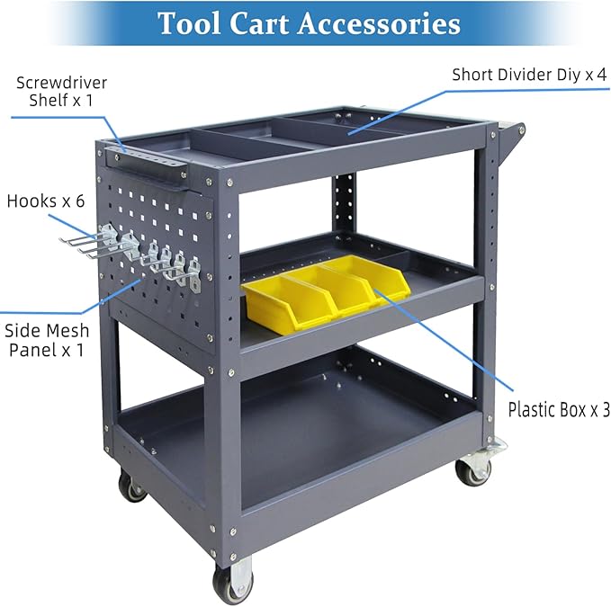 3 Tier Rolling Tool Cart, 500 lbs Capacity, 31.5"x29"x15", Mechanics Cart - Image 4