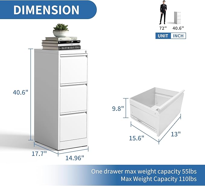 3 Drawer File Cabinet with Lock, Metal Vertical Filing Cabinets - Image 3