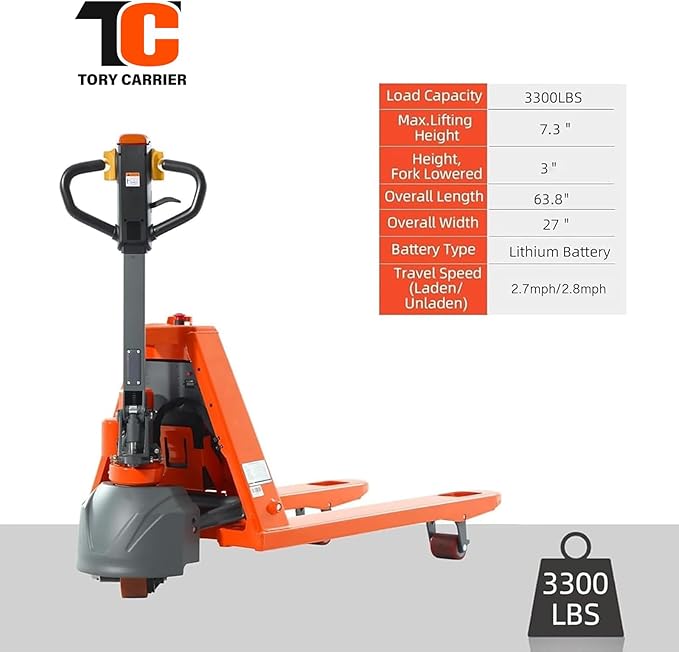Tory Carrier Classic Electric Power Lithium Battery Pallet Truck/Jack 3300lb - Image 2