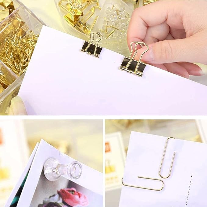 Gold Paper Binder and Clips Set, Metal Assorted Sized Binders - Image 6