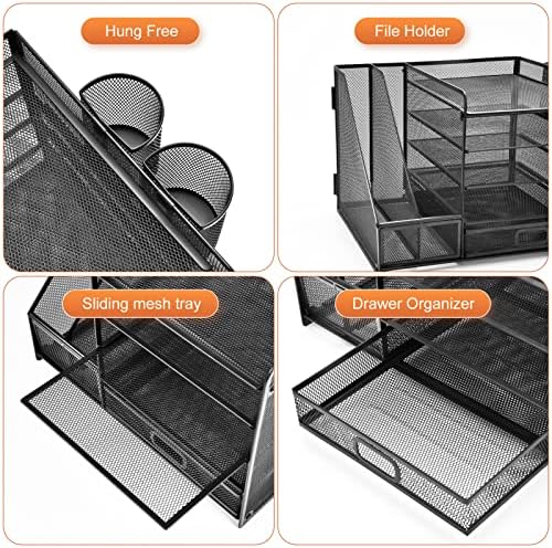 Marbrasse Desk Organizer with File Holder, 5-Tier Paper Letter Tray Organizer with Drawer and 2 Pen Holder, Mesh Desktop Organizer and Storage with Magazine Holder for Office Supplies(Black) - Image 4