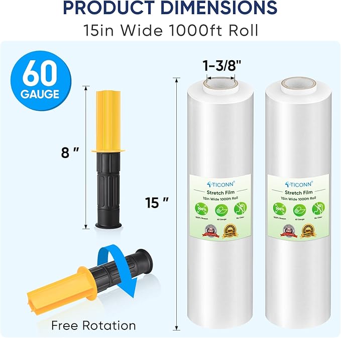 TICONN Stretch Wrap Stretch Film Roll, 1000ft Industrial Strength 15 inch Wide - Image 2