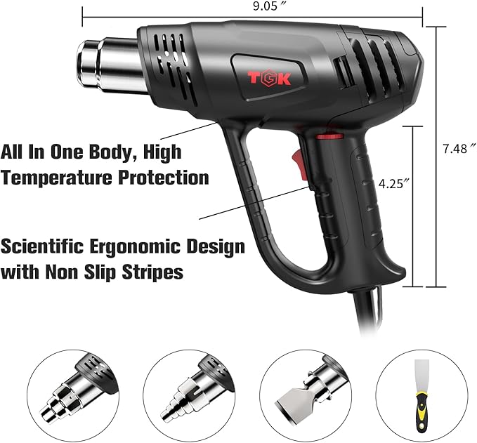 Heat Gun, TGK® 1800W Heavy Duty Hot Air Gun Kit 122℉~1202℉ Dual Temperature - Image 4