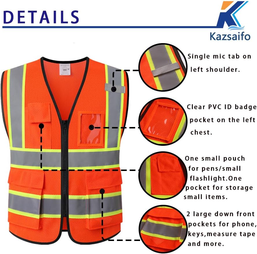 Reflective Safety Vest for Men Women with Pockets,KZ177,Orange,L - Image 3