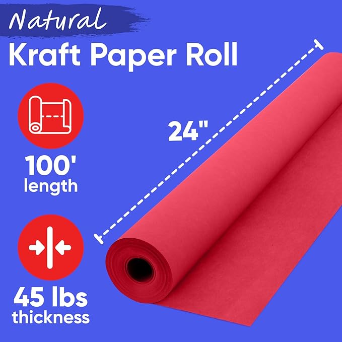 USA Made 24" x 1200" Christmas Red Kraft Paper Roll, 45 lbs Thickness, Colored - Image 2
