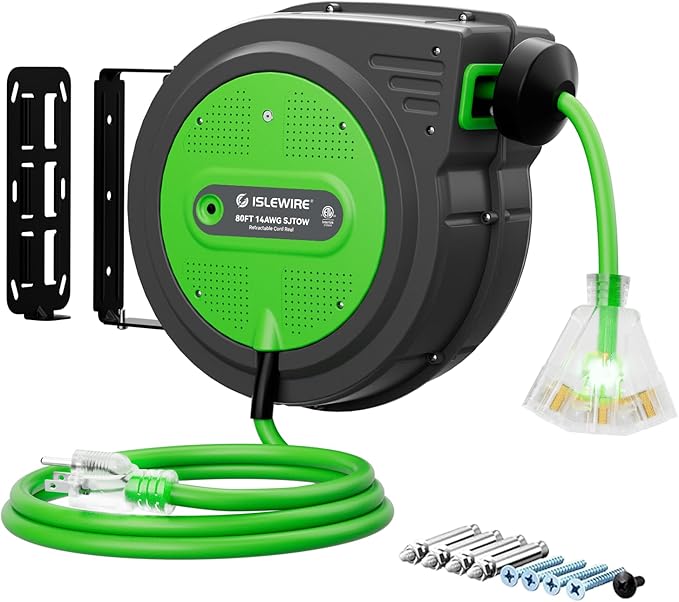 80FT Retractable Extension Cord Reel, 14 AWG/3C SJTOW Heavy Duty Power Cord by ISLEWIRE