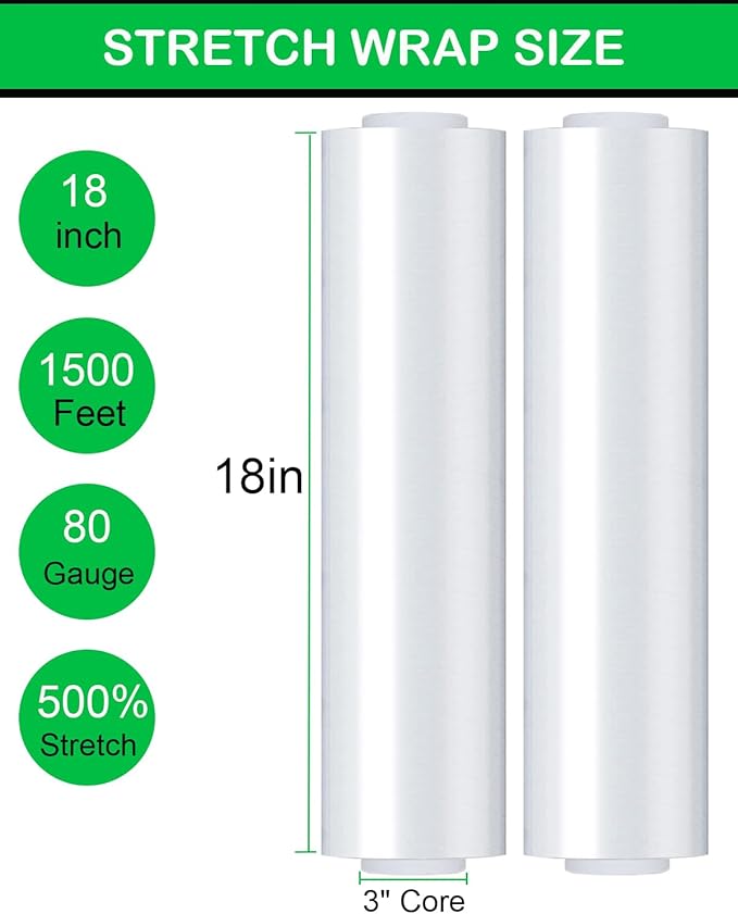 18in Clear Stretch Wrap Roll, Heavy Duty 1500ft Shrink Wrap Roll, 80 Gauge - Image 5