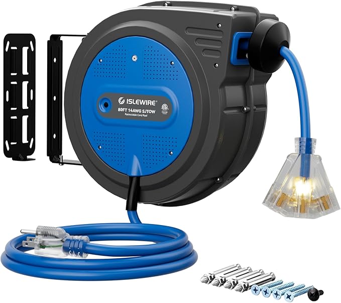 80FT Retractable Extension Cord Reel, 14 AWG/3C SJTOW Heavy Duty Power Cord by ISLEWIRE