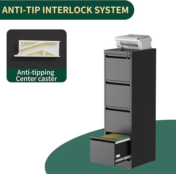 4 Drawer File Cabinet with Lock, Steel Vertical Filing Storage Cabinet - Image 6