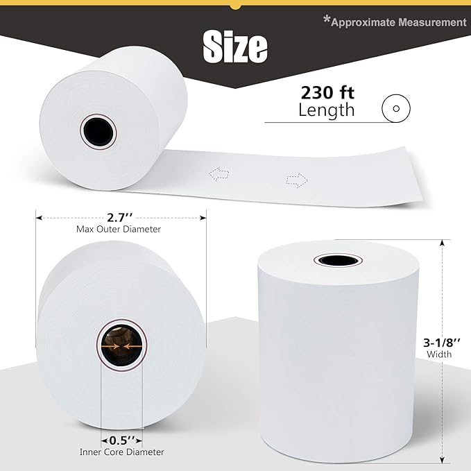 3-1/8 X 230 ft Thermal Credit Card Paper, 80mm Receipt Printer Square POS - Image 2