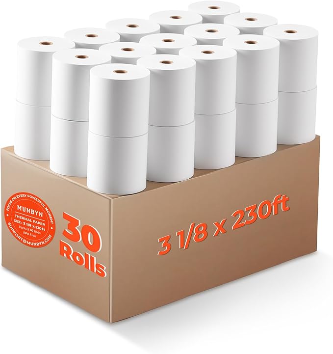 MUNBYN Thermal Paper 3 1/8 x 230ft, 30 Rolls Receipt Paper Work by MUNBYN