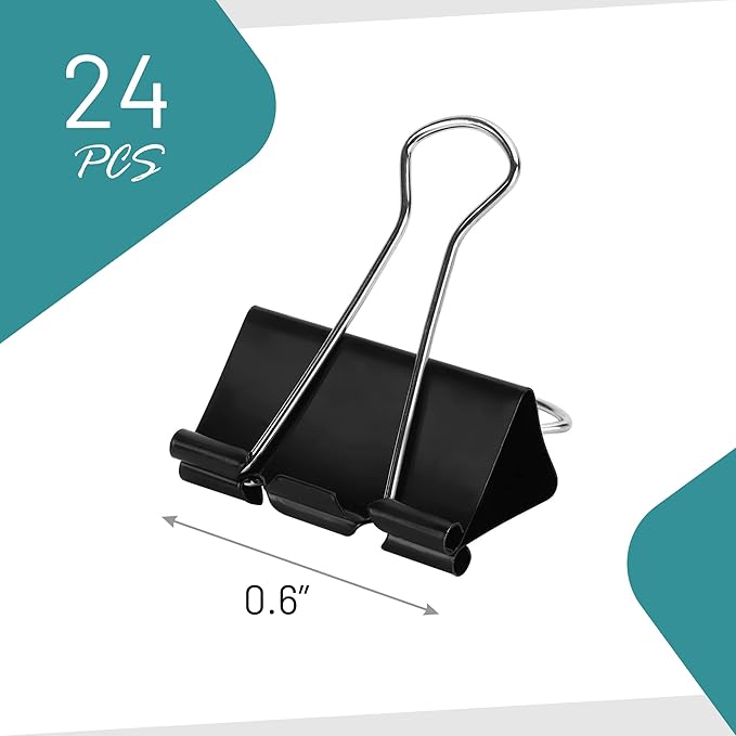 Binder Clips - 24 Mini Binder Clips, 0.6 Inch Black Paper Clamps, File Clip - Image 4