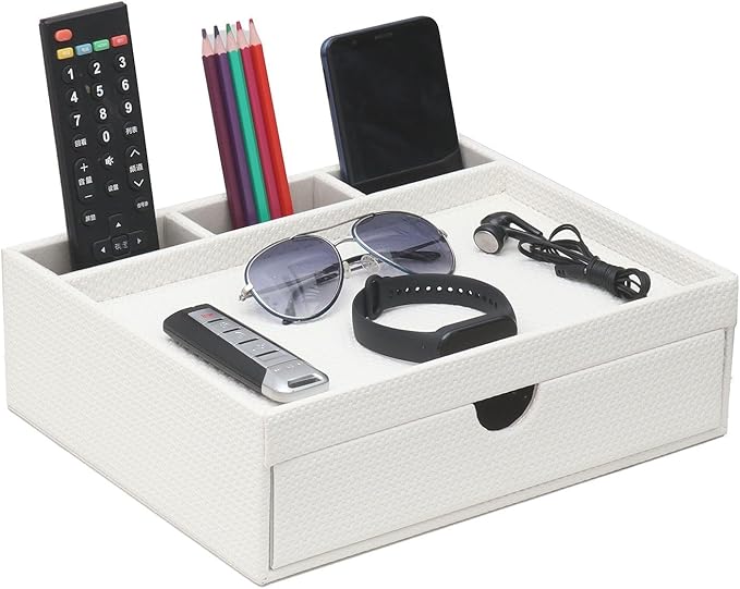 Leather Desk Organizer With Drawers, Home Cosmetics & Phone Remote Organizer by SYRWDXTX