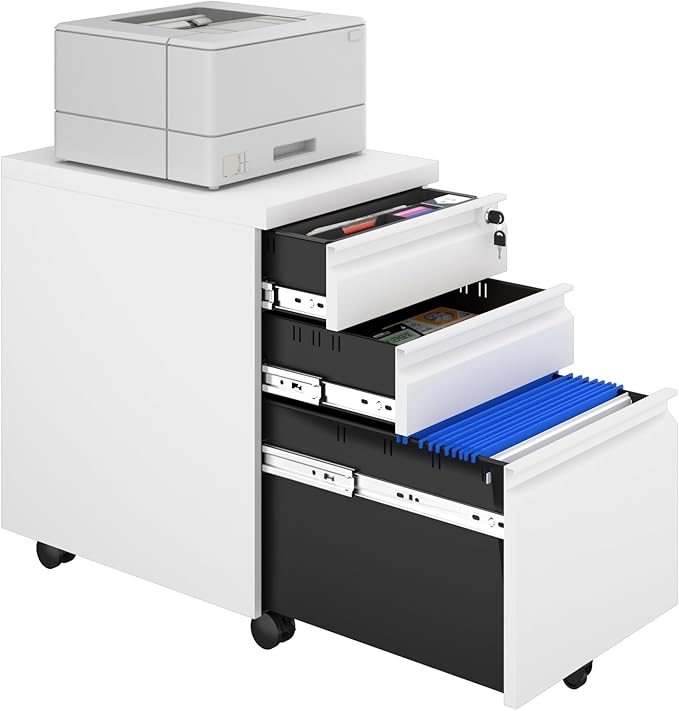3 Drawer File Cabinet on Wheels, 25.6" H White Filing Cabinet by Unknown