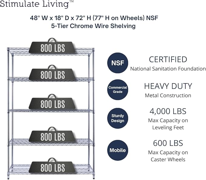 48"x18"x72" PRIME HEAVY DUTY Chrome 5-Tier Wire Shelving NSF 4000 LBS MAX - Image 3