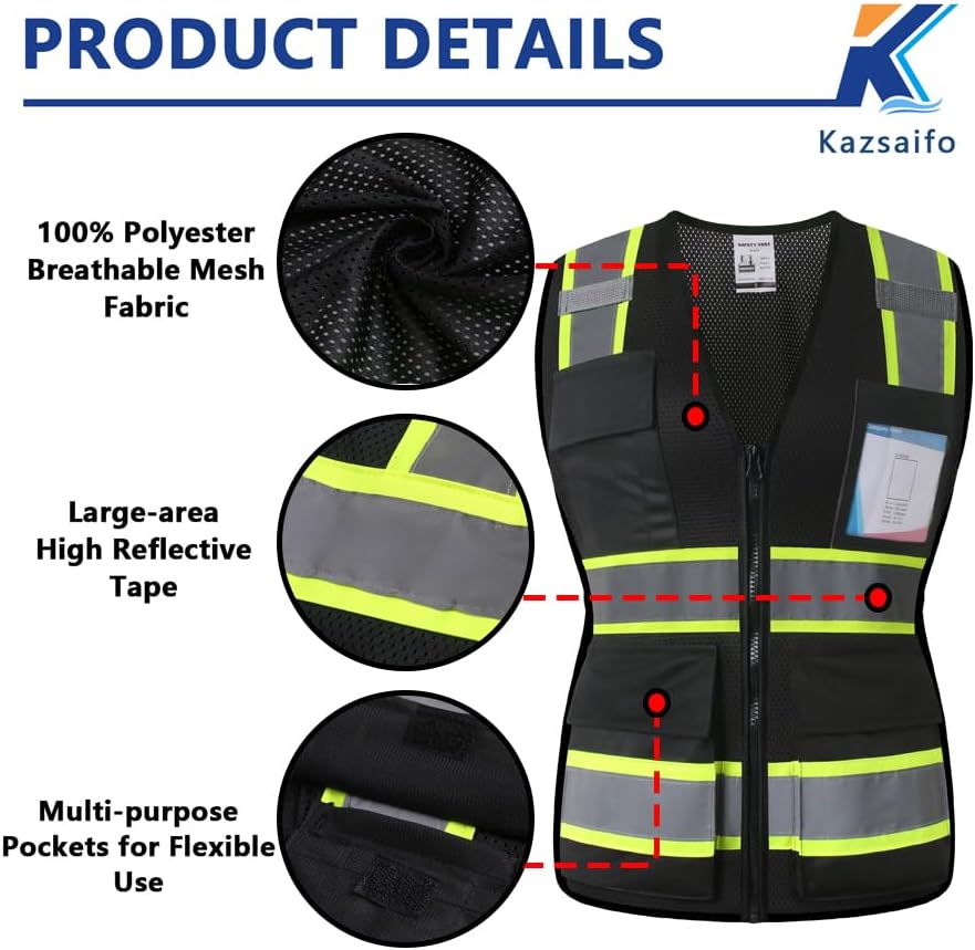Hi Vis Reflective Safety Work Vest for Women,KZW,Black,XL - Image 2