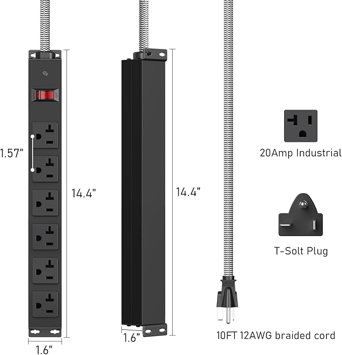 HEZI 20 Amp Power Strip with 5-20P/T- Plug, Heavy Duty High Amp Metal Surge - Image 7