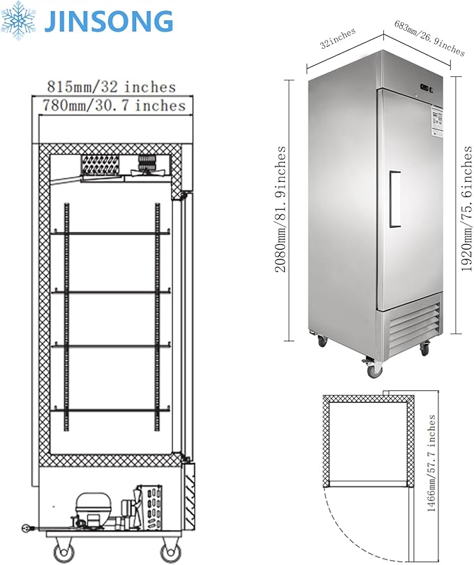 JINSONG 27" Commercial Refrigerator, 23 Cu.Ft Reach-in Stainless Steel Fridge - Image 5