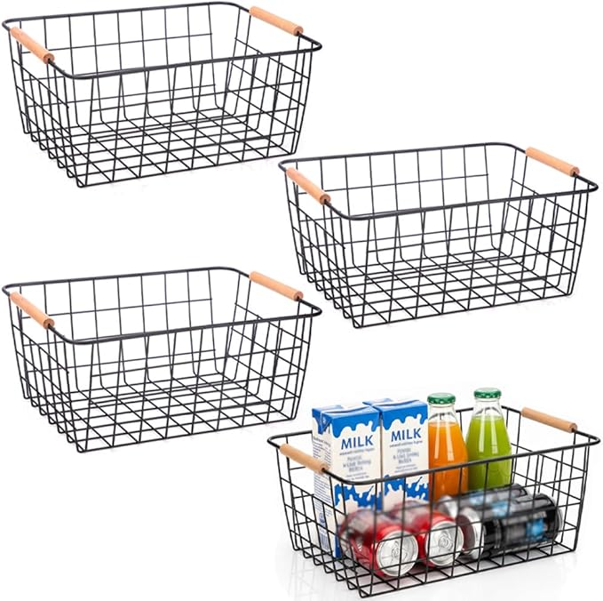 LeleCAT Wire Baskets with Wooden Handles, Wire Storage Organizer Baskets by HomeSpaceStorageBasket